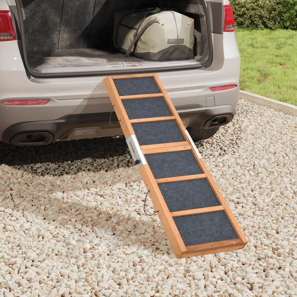 Pet ramp attached to an open car trunk on a gravel surface