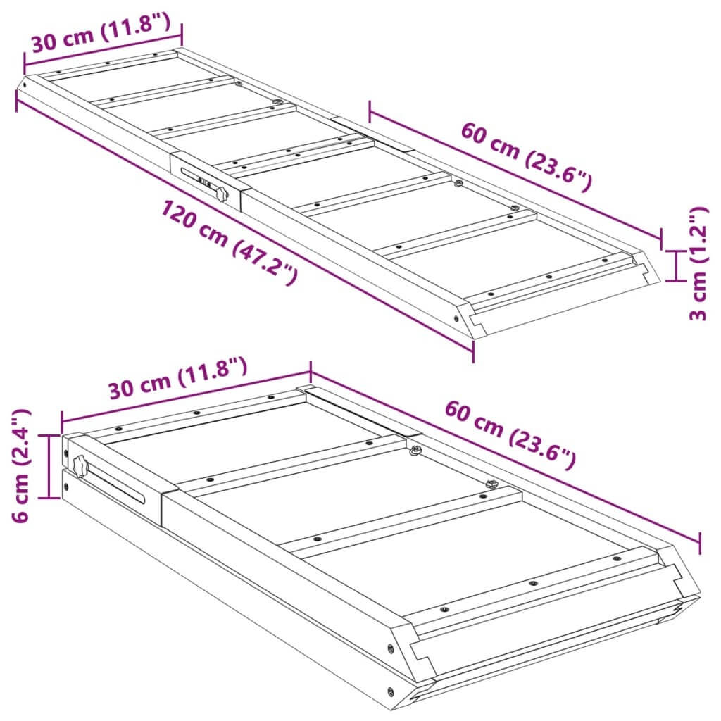 Measurement chart of a dog ramp with dimensions labeled in centimeters and inches.