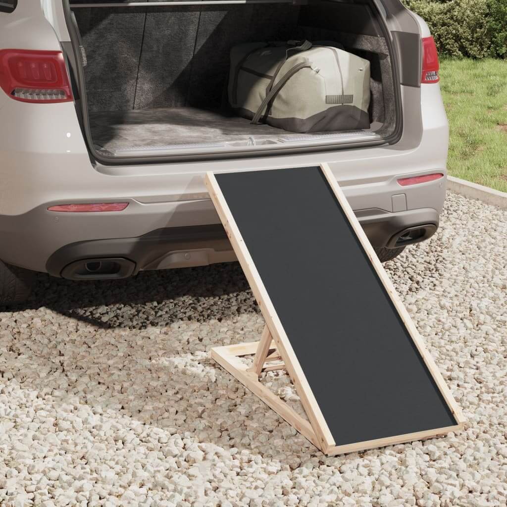 Adjustable Dog ramp in front of an open car trunk on a gravel surface