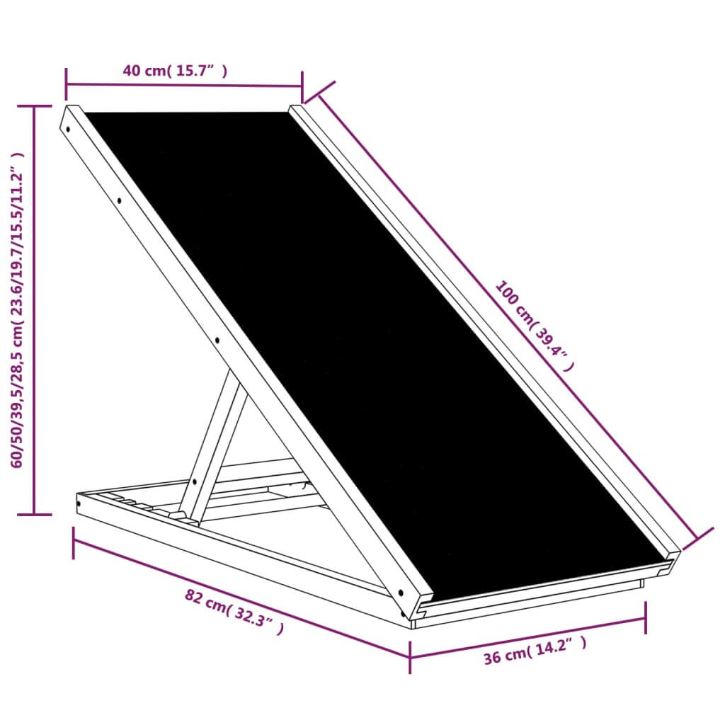 Measurement chart of a Adjustable-Dog-Ramp-Grey-Foldable-Wooden-Ramp with dimensions labeled