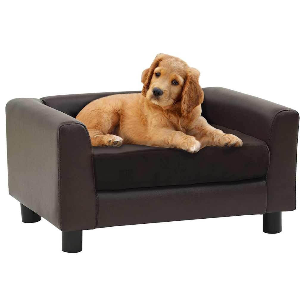 Brown Dog Sofa Plush and Faux Leather dog bed with a golden retriever puppy, DomusDog furniture
