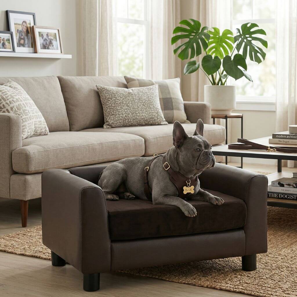 Dog sitting on a brown dog sofa in a living room with a couch, plants, and books.
