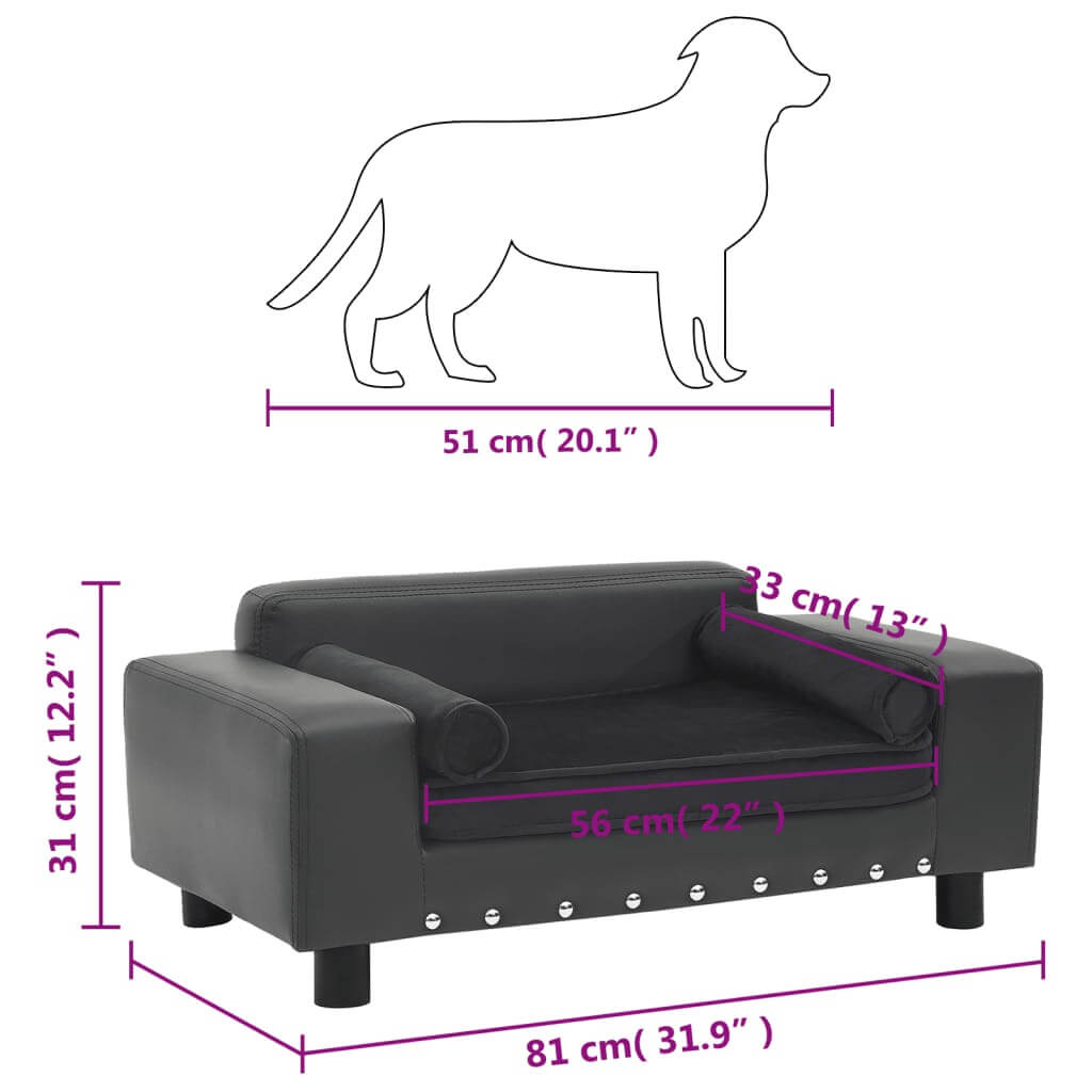 Dog-Sofa Faux Leather and Plush Upholstery dark grey, DomusDog dog sofa dimensions shown