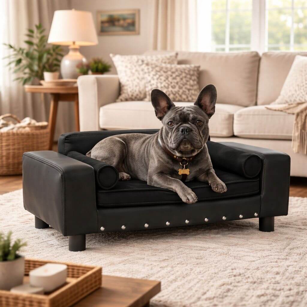 Dog lying on a black pet bed in a cozy living room.