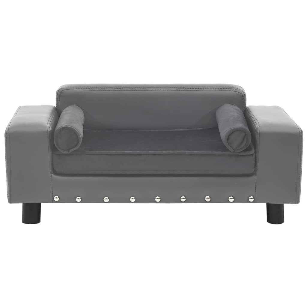 DomusDog Dog Sofa Faux Leather and Plush Upholstery in grey with stud accents, front view