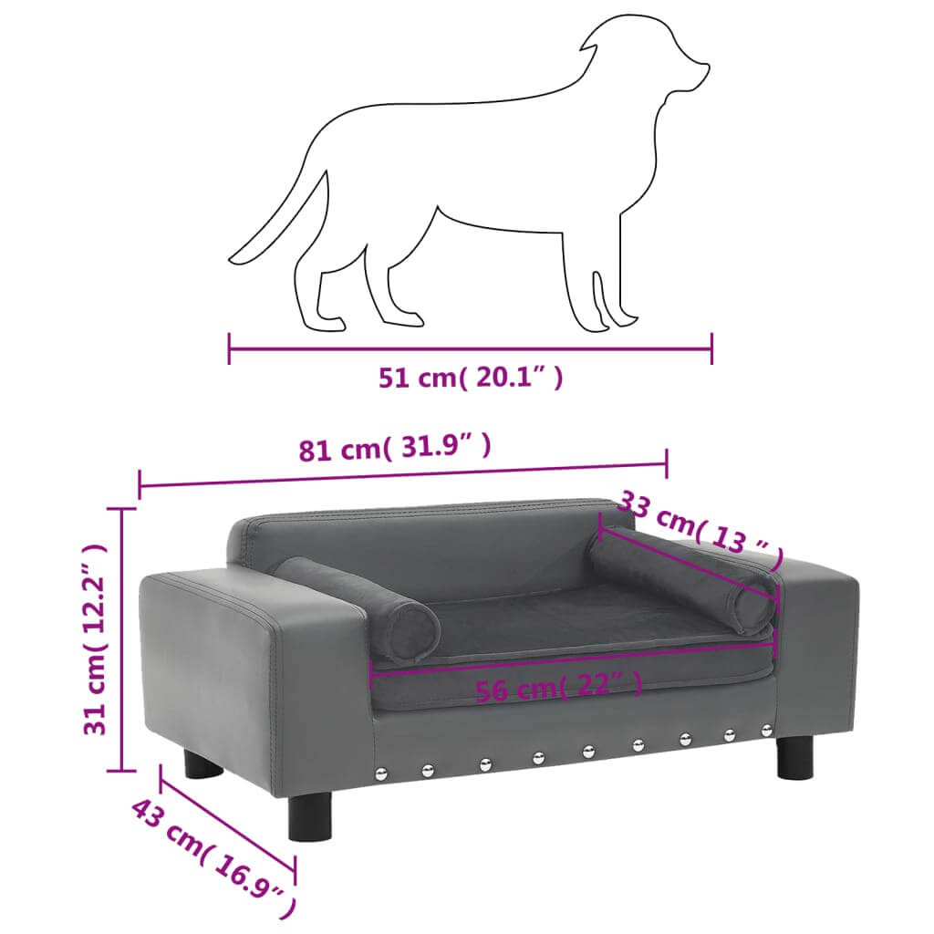 DomusDog Dog Sofa Faux Leather and Plush Upholstery in grey, shown with size dimensions