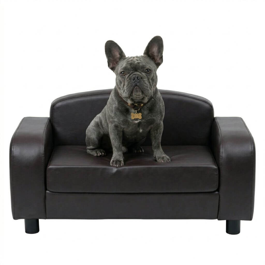 Dog sitting on a small brown leather sofa against a white background
