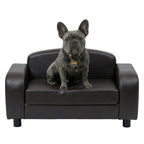 Dog sitting on a small brown leather sofa against a white background