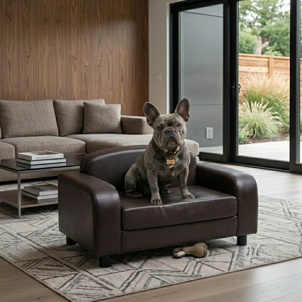 Dog sitting on a brown leather dog sofa in a modern living room.