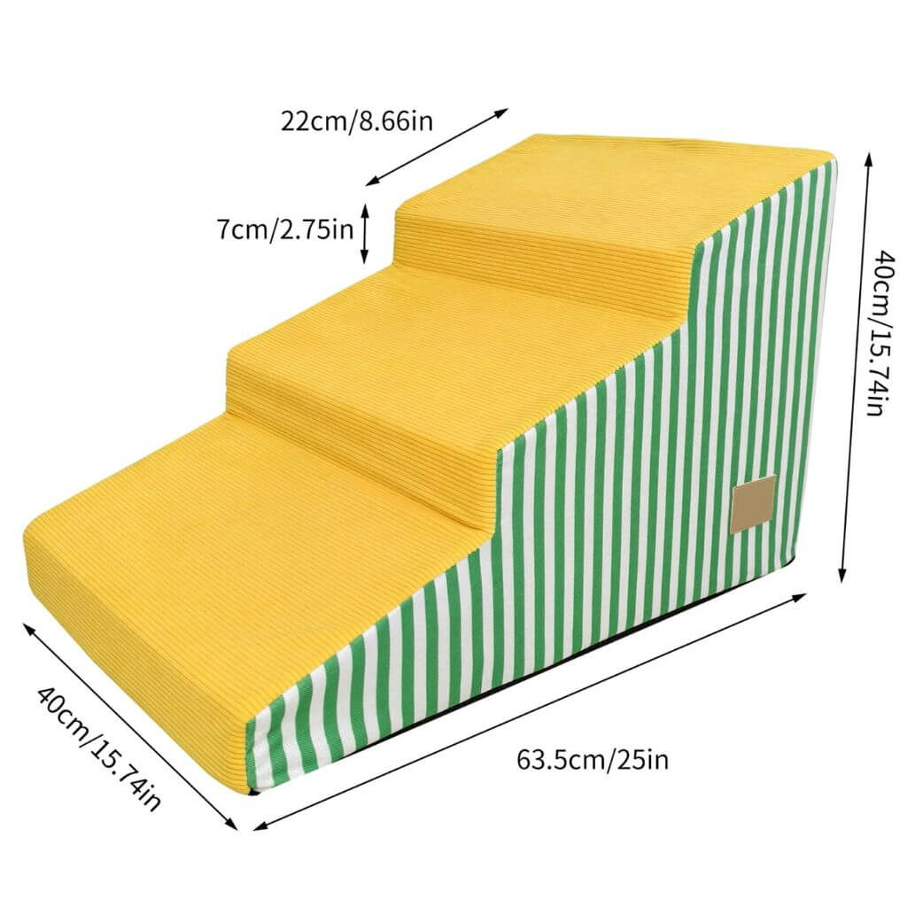 Yellow Foam pet steps with green striped side, showing dimensions on a white background