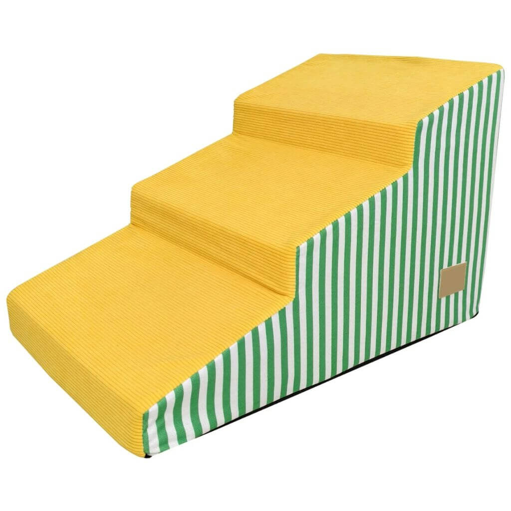 Yellow foam pet steps with green and white striped side on a white background