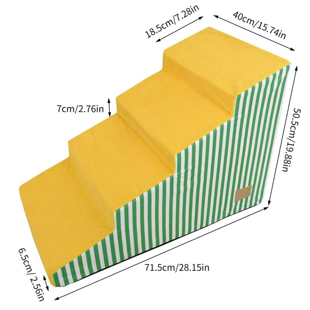 Yellow Foam pet steps with green striped design and measurements on a white background (4 steps)