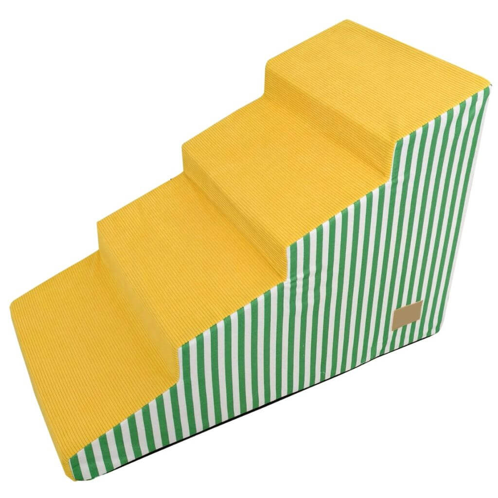 Set of yellow pet steps with green and white striped design on a white background