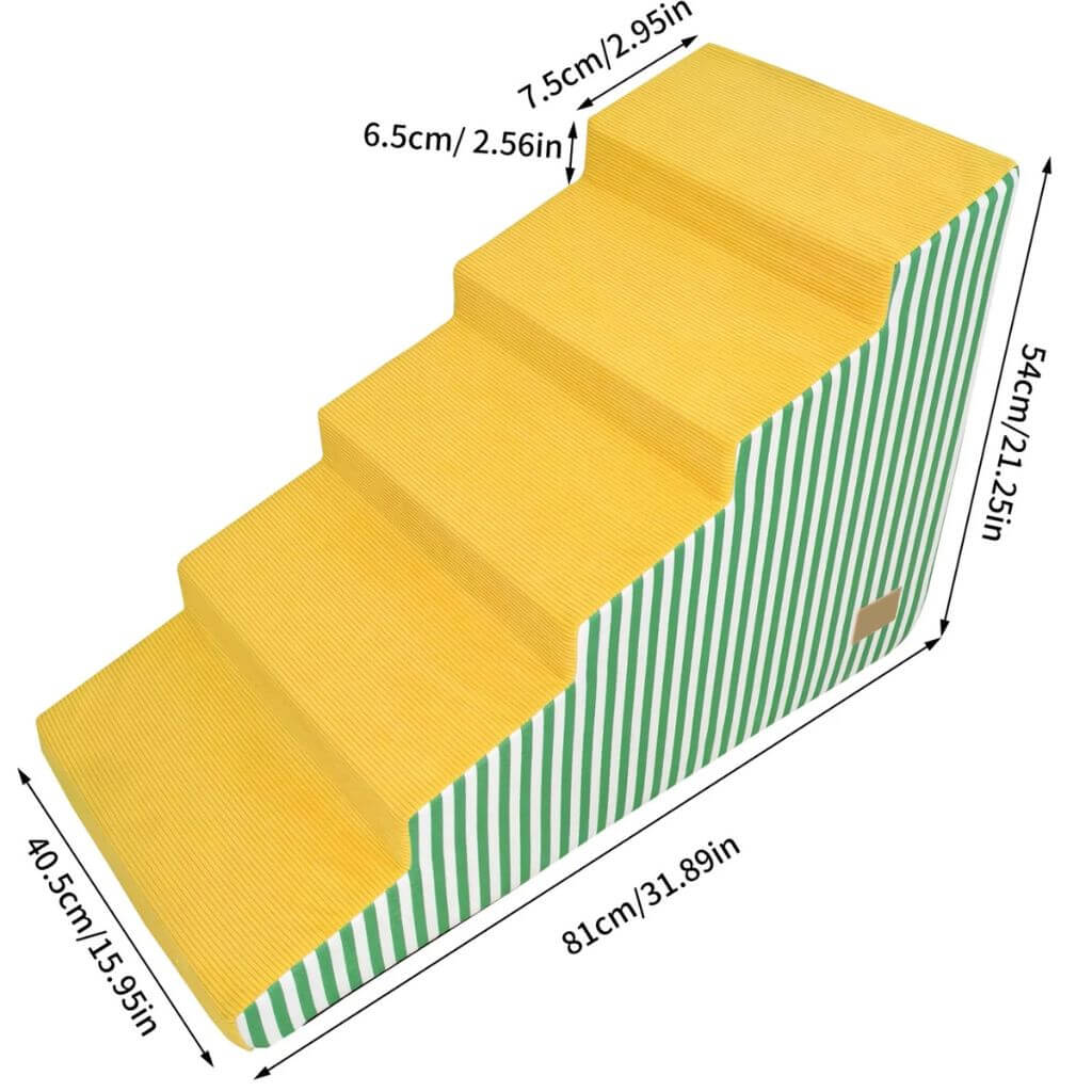 Yellow Foam pet stairs with green striped side panels and measurements on a white background (5 steps)