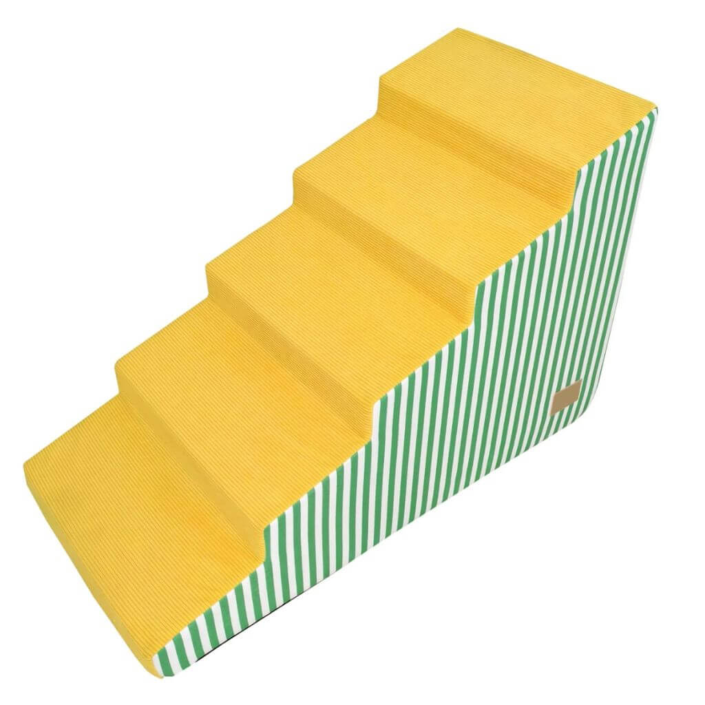 Set of yellow Foam pet stairs with a green and white striped base on a white background (5 steps)