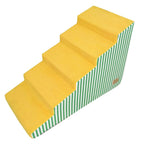Set of yellow Foam pet stairs with a green and white striped base on a white background (5 steps)