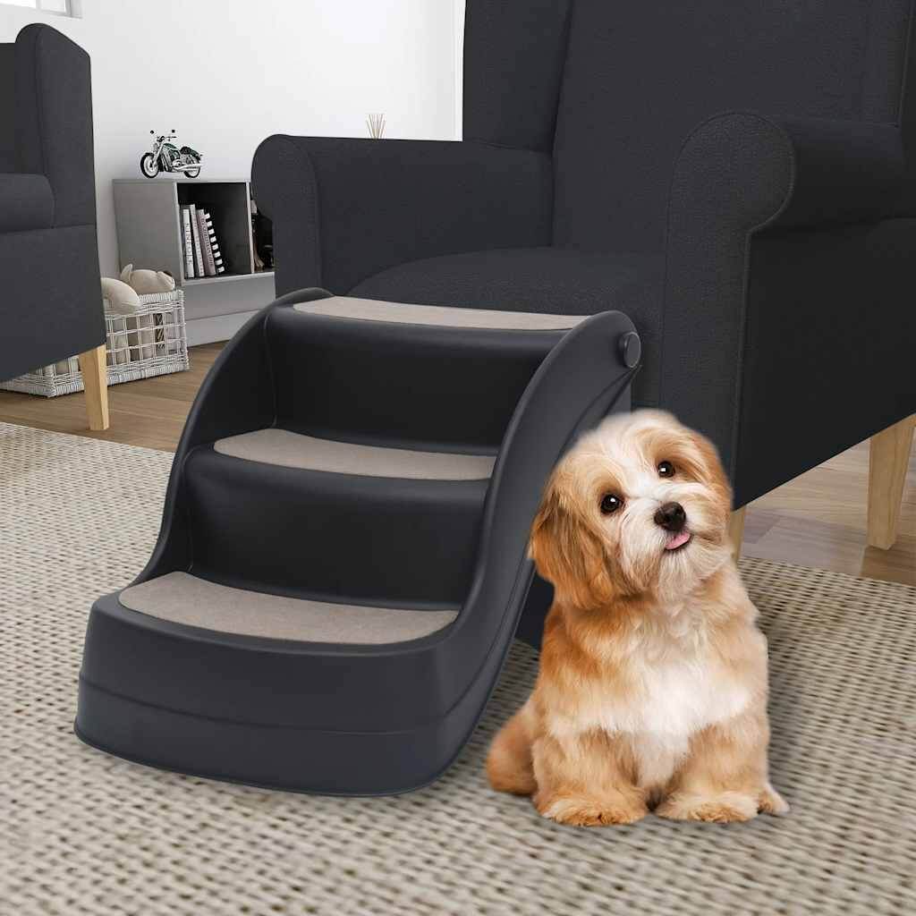 Foldable 3-Step Dog Stair Black Non-Slip Dog Steps beside chair with small dog, DomusDog furniture