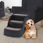 Foldable 3-Step Dog Stair Black Non-Slip Dog Steps beside chair with small dog, DomusDog furniture