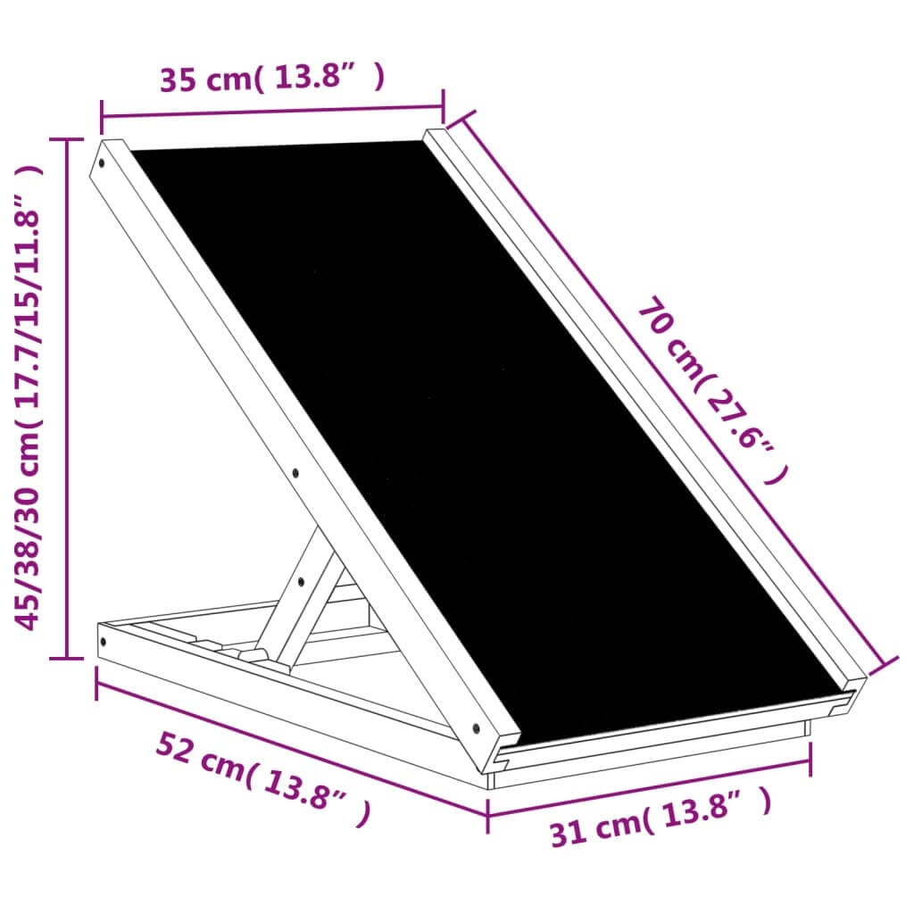 Measurement chart of a dog ramp with dimensions labeled.
