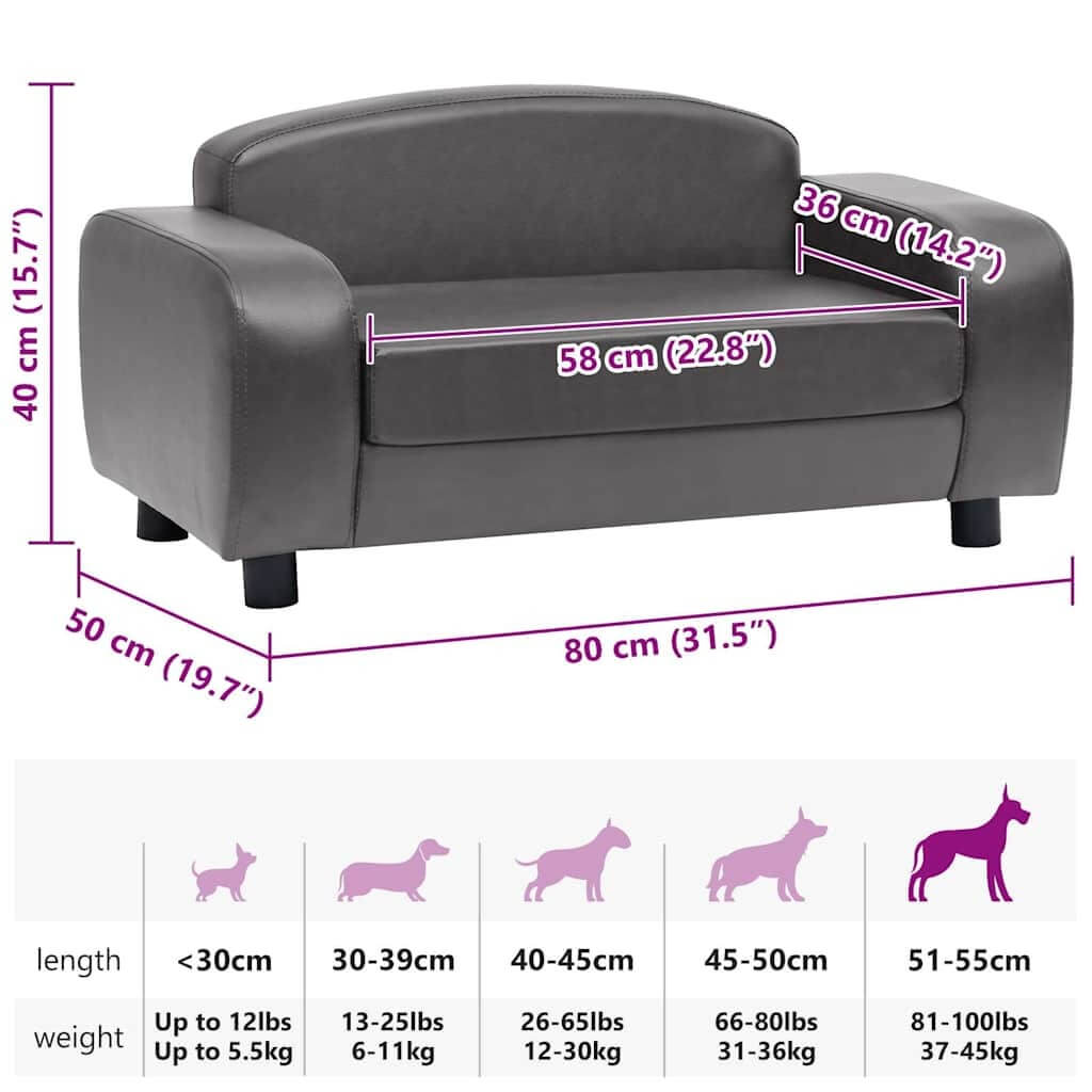 Large Dog Sofa Faux Leather by DomusDog, dark grey pet furniture with size dimensions and dog size chart.