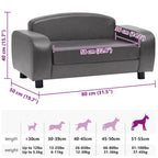 Large Dog Sofa Faux Leather by DomusDog, dark grey pet furniture with size dimensions and dog size chart.