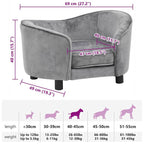 Luxury Dog Sofa with Solid Fir Wood Frame in grey, showing dimensions and size guide for dogs.
