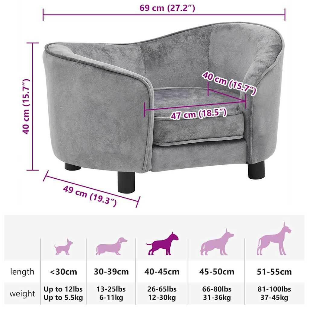 Luxury Dog Sofa with Solid Fir Wood Frame in grey, showing dimensions and size guide for dogs.