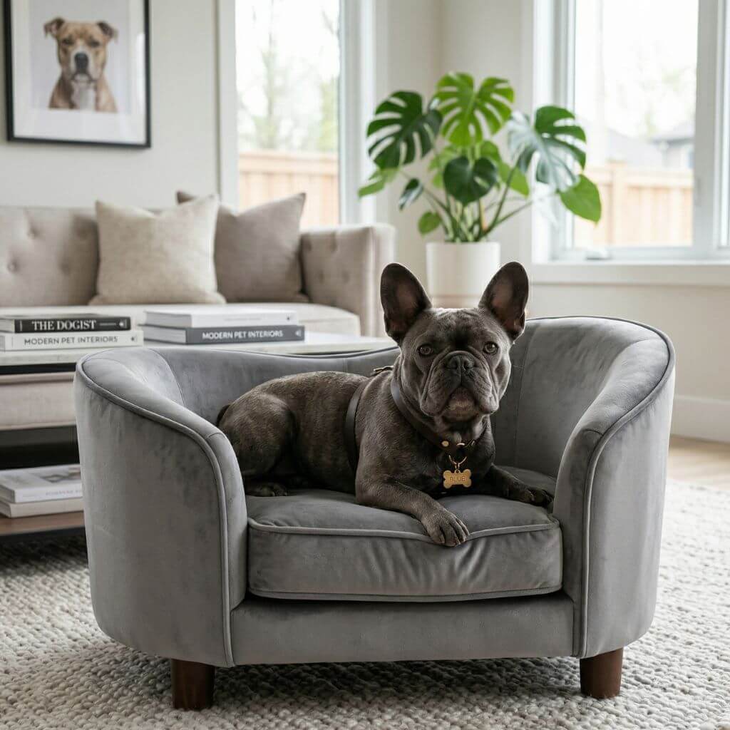 Dog sitting on a small luxury gray dog sofa in a cozy living room.