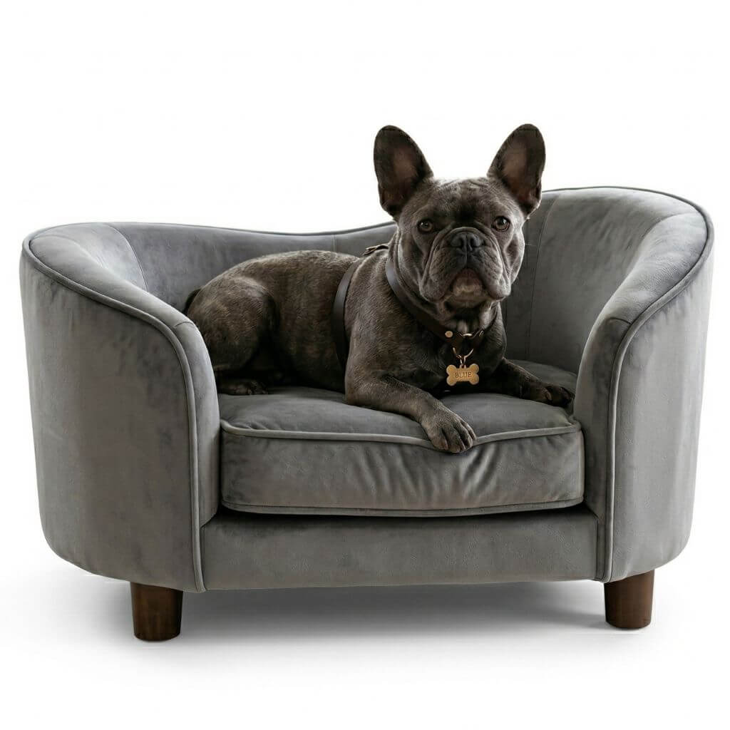 Dog lying on a luxury gray pet sofa with a white background