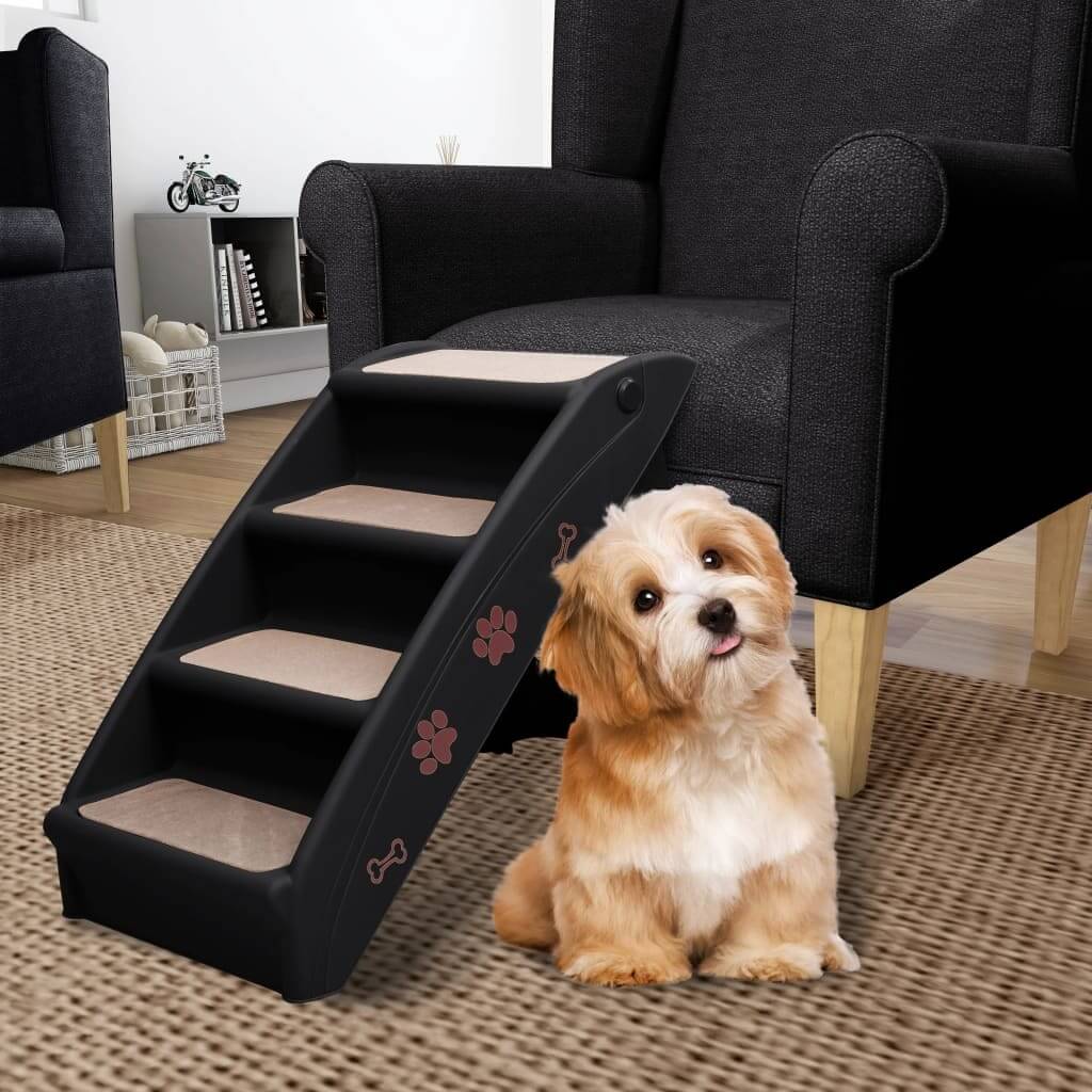 Medium Foldable Dog Steps Black Non-Slip Pet Stairs with small dog in living room, DomusDog
