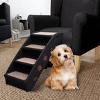 Medium Foldable Dog Steps Black Non-Slip Pet Stairs with small dog in living room, DomusDog