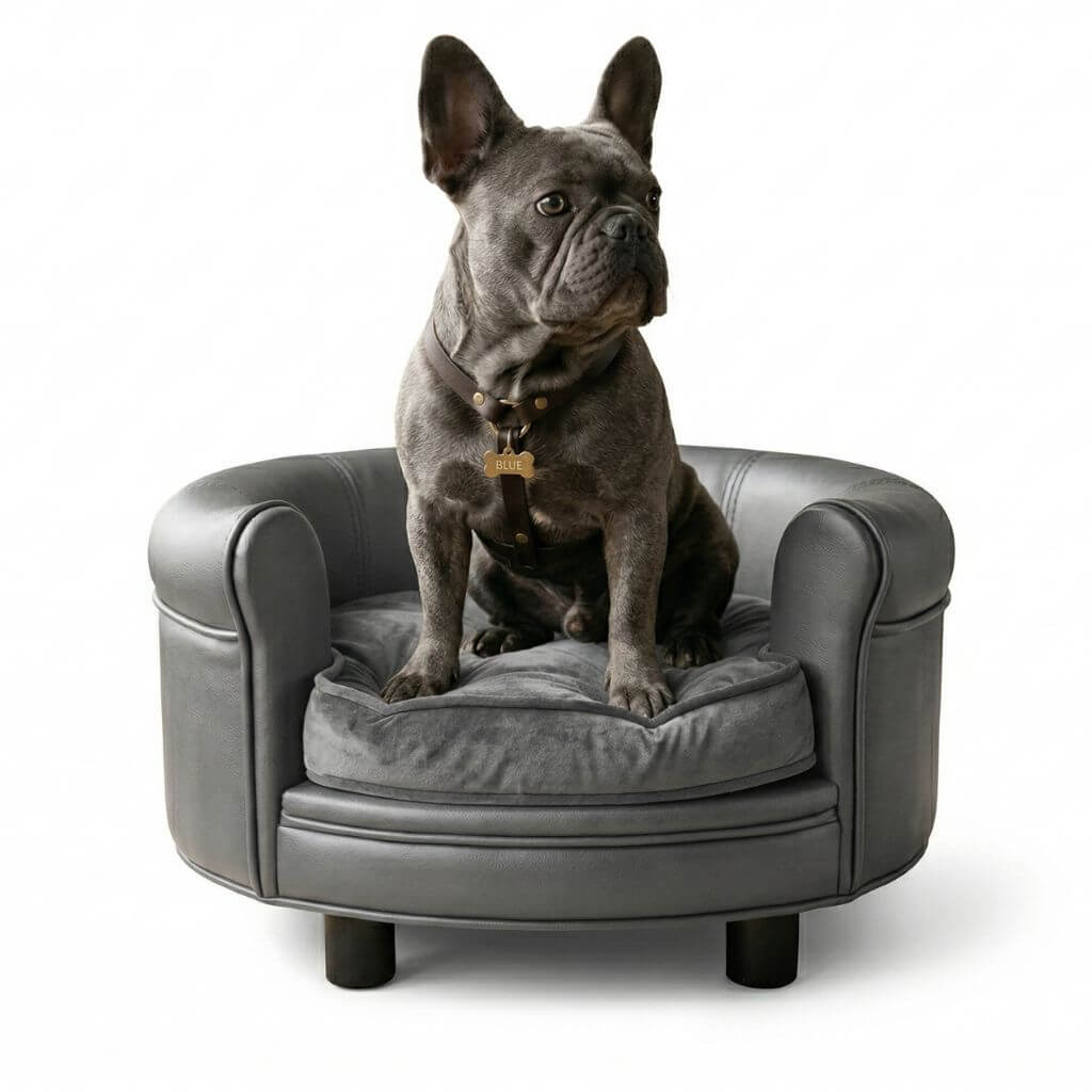 Dog sitting on a gray round dog sofa with a white background