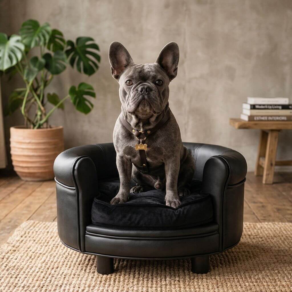 Dog sitting on a black pet sofa in a cozy room with a plant and books in the background.