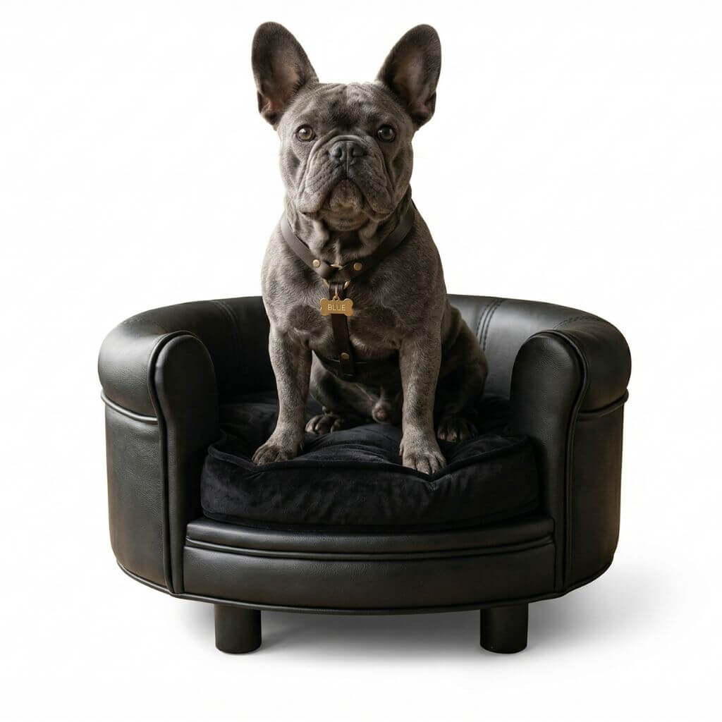 Dog sitting on a small black leather round dog sofa with a white background