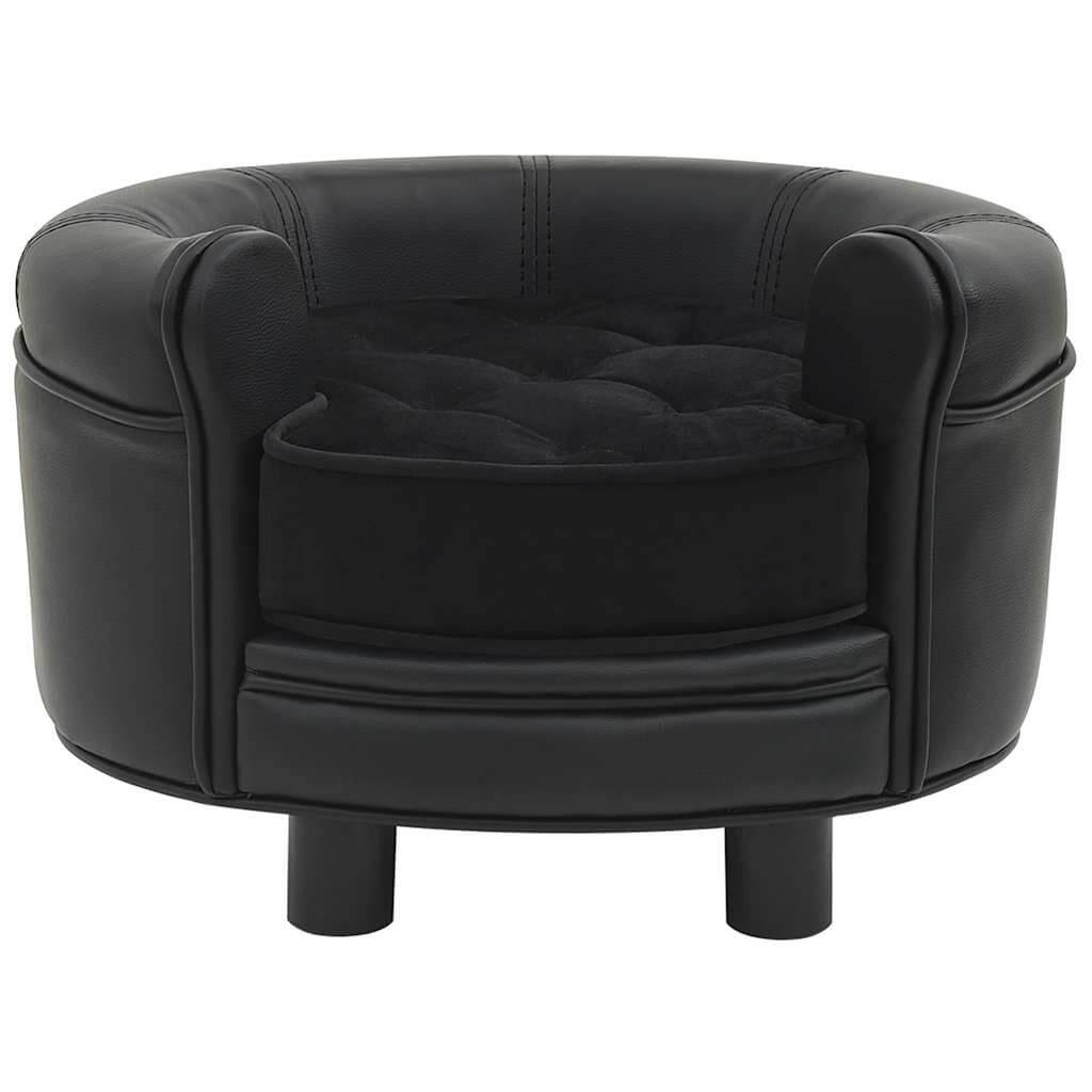 DomusDog Round Dog Sofa in black faux leather with a plush tufted cushion, front view