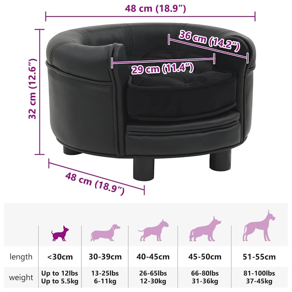 Round Dog Sofa Black Faux Leather with Plush Cushion shown with size dimensions, ideal for small dogs, DomusDog pet furniture