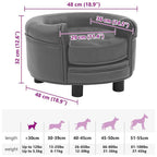 Round Dog Sofa grey faux leather with plush cushion, showing dimensions for small dogs