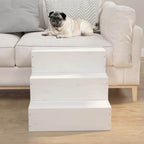 White pet steps leading up to a couch with a pug on it