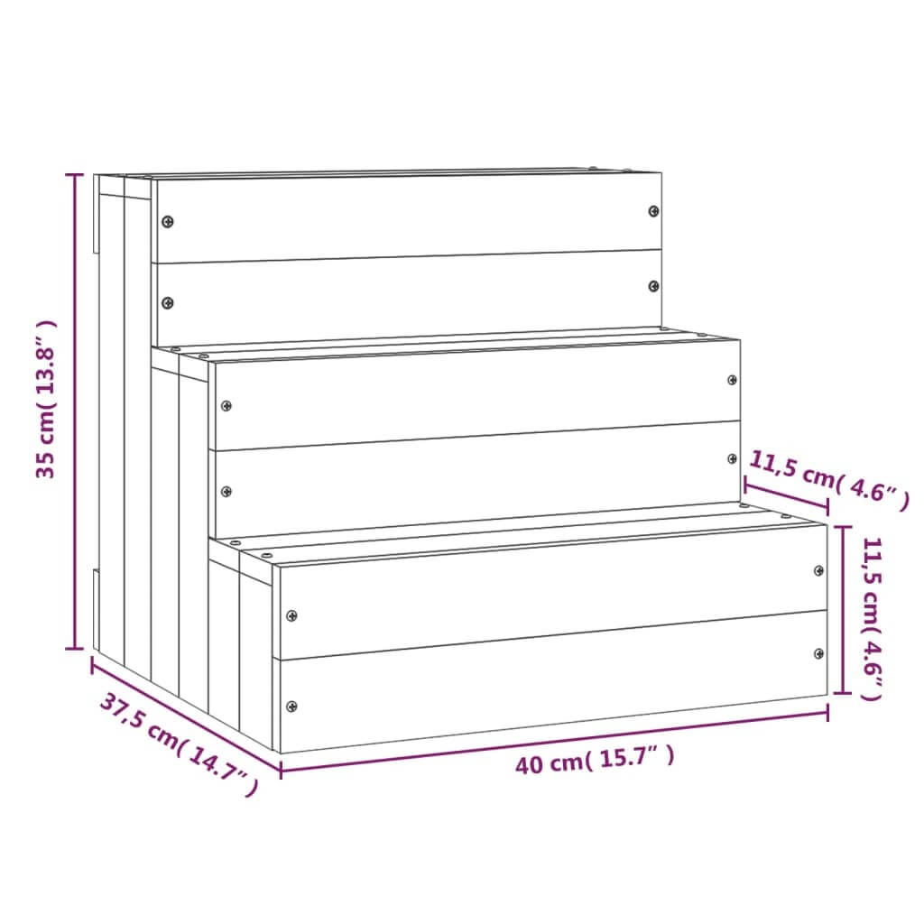 Dimensions of a wooden dog steps with shelves on a white background