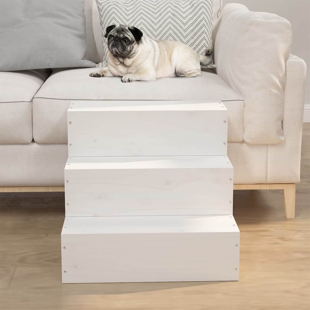 White pet steps leading up to a couch with a pug on it
