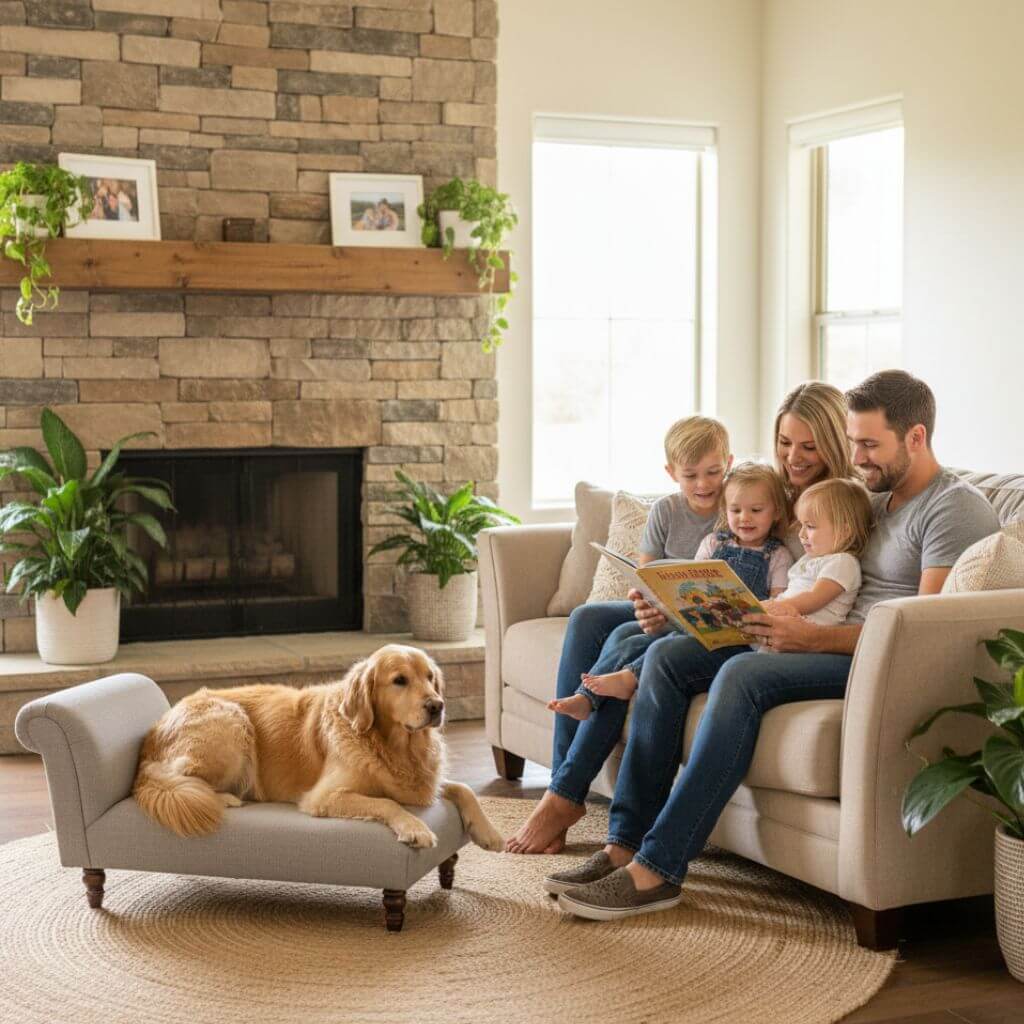 Family with children and a dog sitting on a dog sofa couch in a cozy living room.