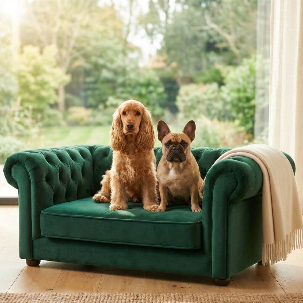 Two dogs sitting on a green velvet dog sofa with a blurred outdoor background