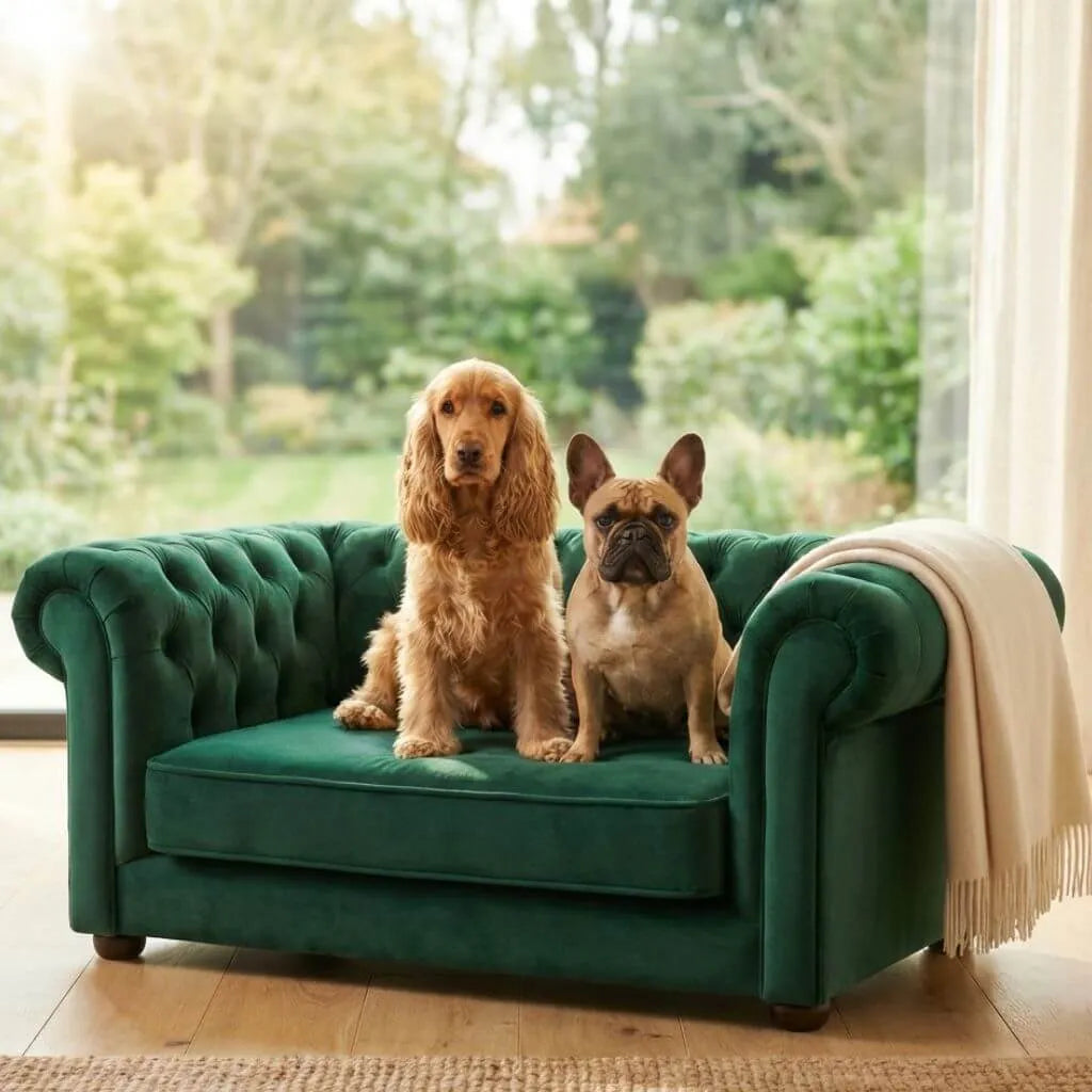 Two dogs sitting on a green velvet dog sofa couch with a blurred outdoor background