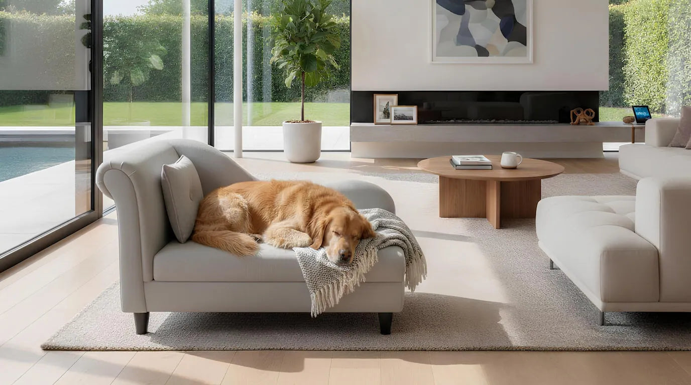 Dog resting on a dog sofa in a modern living room with large windows.